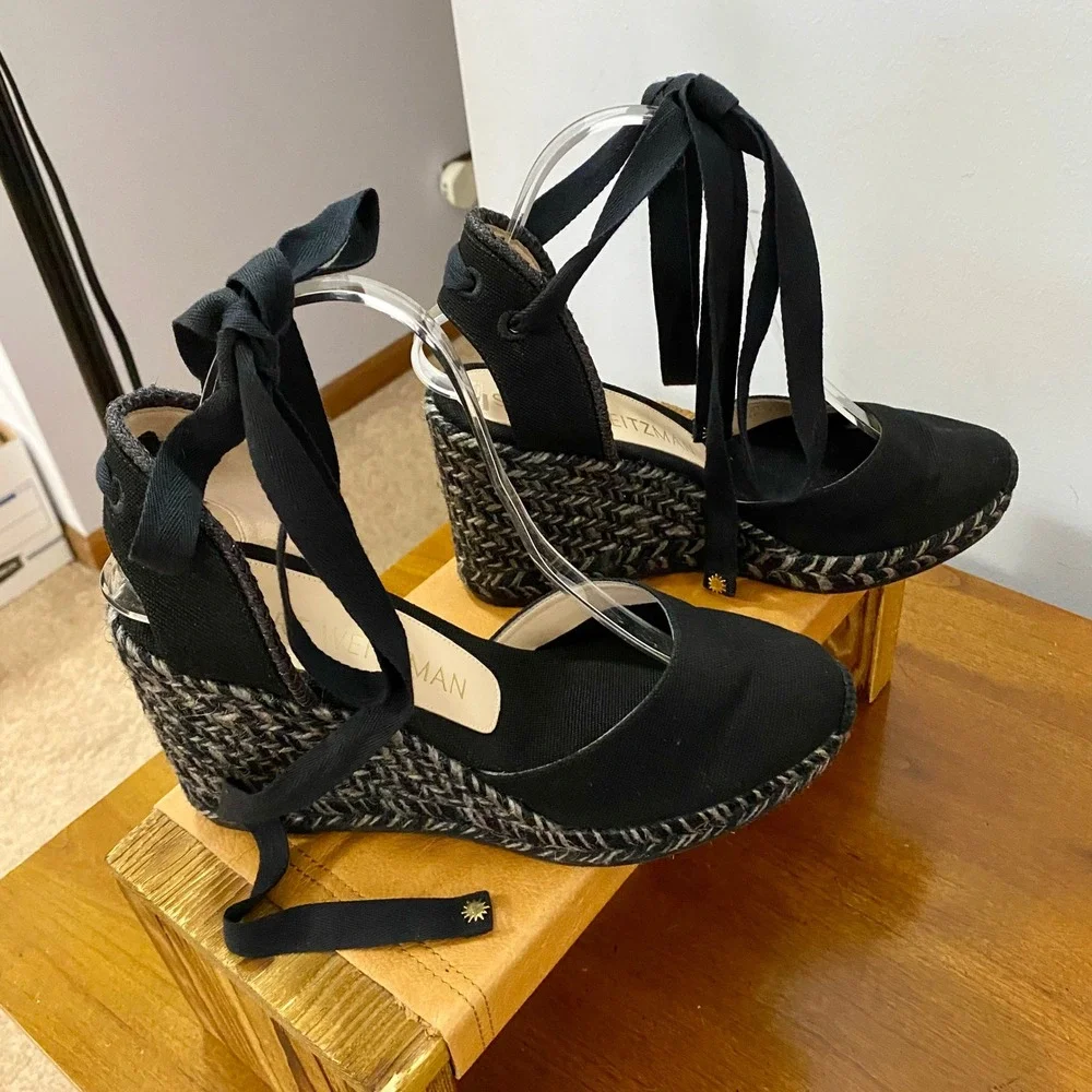 Stuart Weitzman Marguerita Espadrille Wedge Sandals Black Ankle Tie Wrap Sz 8.5C